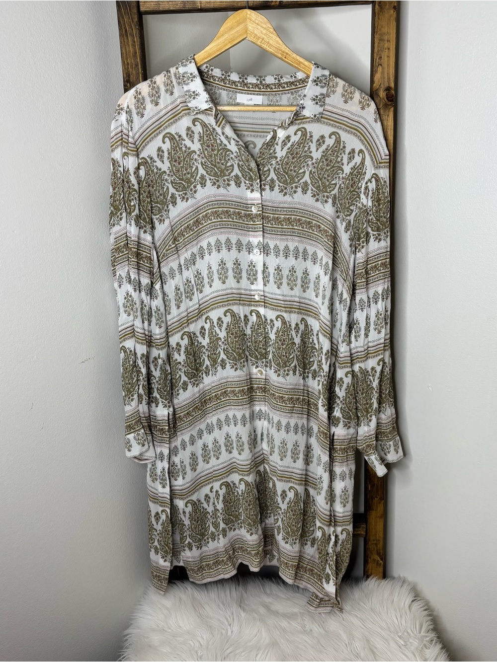 J. Jill White Paisley Print Button-Up Dress Size L